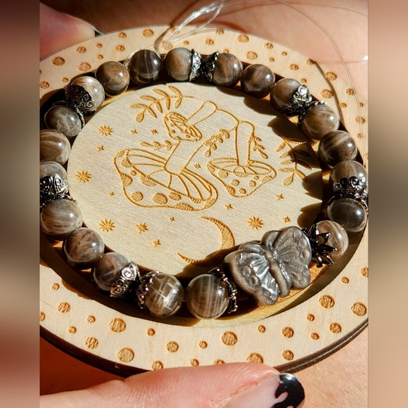 Stunning Skeletal Moonstone and Silver Obsidian Butterfly Beaded Stretch Bracele - Picture 3 of 6